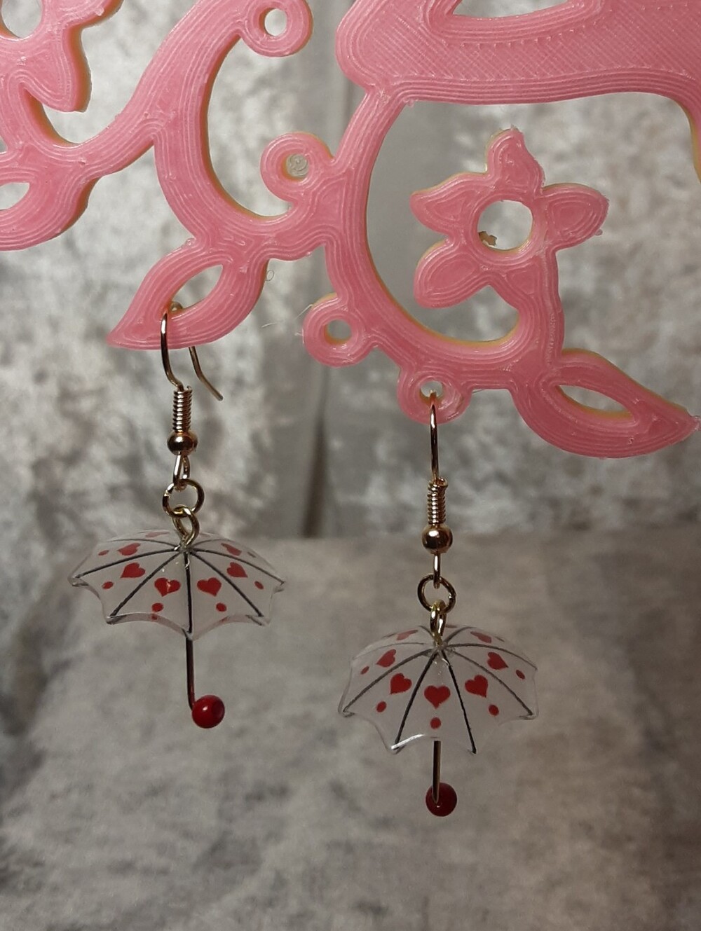 Handmade Cute Umbrella Heart Drop Earrings - White & Red